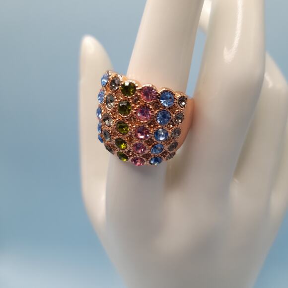 Multicolored Rhinestone Wide Band Ring, Rose Gold Tone, Size 7.75 - Picture 9 of 14